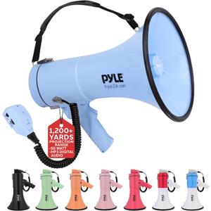 Pyle 50W Megaphone Bullhorn - Portable, Automatic Siren & Adjustable Volume, Projection Range Up to 1200 Square Yards, Aux Input, Talk, Siren, Music, Whistle, & Record, Shoulder Strap (Black) (Blue)
