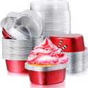 Patelai 100 Sets Heart Shaped Cake Pans with Lids, 100 ml/ 3.4 ounces, Aluminum Heart Cupcake Pans Disposable Mini Cupcake Cup Flan Baking Cups with Lid for Valentine Mother's Day Wedding (Red)