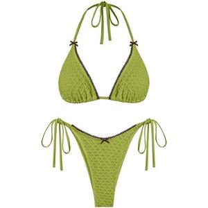 ZAFUL Bikini Sets for Women Halter Two Piece Swimsuit Eyelet Triangle Tie Side Thong Bathing Suit Bowknot Lace Trim Swimwear XS
