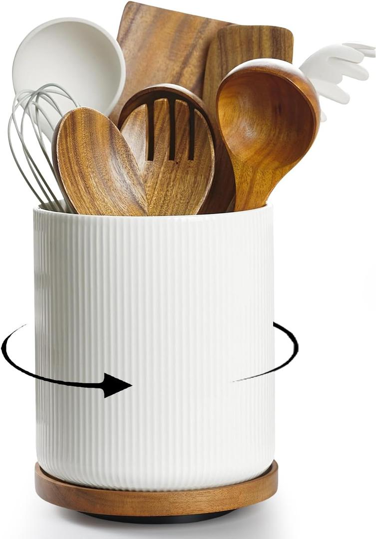 getstar 360 Rotating Large Kitchen Utensil Holder, Ceramic Cooking Utensil Holder for Kitchen Counter with Rotatable and Detachable Wooden Base (White)