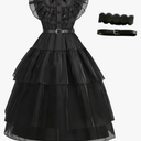 Halloween Women Black Gothic Tulle Cosplay Dress Party Ruffle Layered Prom Dance Costume Belt Necklace size 120