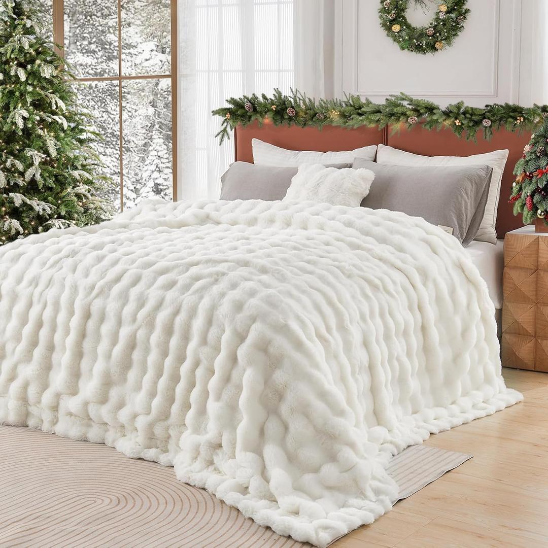 Lotus Karen Queen Size Faux Fur Blanket - Cream White Big Bubble Rabbit Fluff, 90x90 Inches
