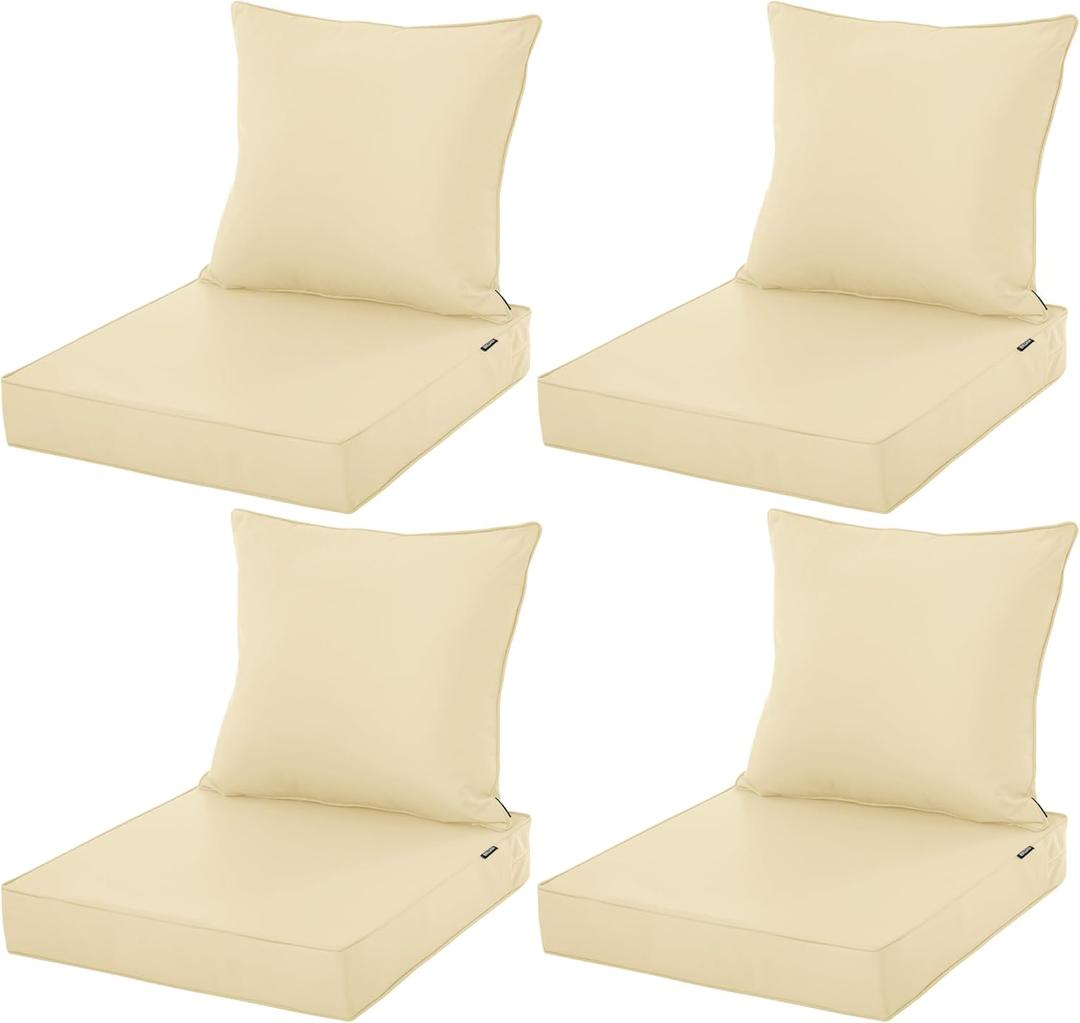 Outdoor Cushions for Patio Furniture, Waterproof Fade and Tear Resistant Deep Seat and Backrest Cushion Set for Chair Couch Swing, 19x19 Inch, Beige, Set of 4