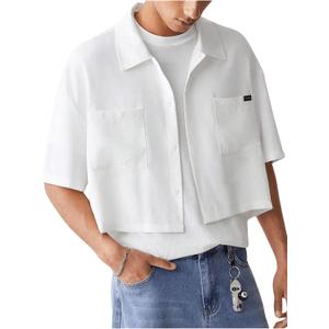 SHENHE Men's Summer Short Sleeve Button Down Crop Shirt Loose Fit Casual Shirt with Pockets, Small