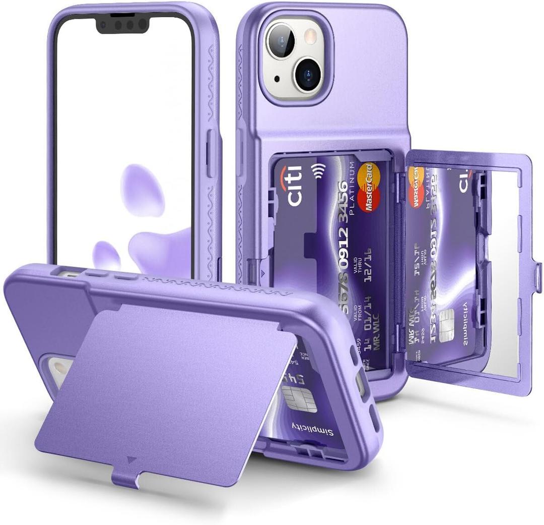 WeLoveCase for iPhone 13 / iPhone 14 Wallet Case with Credit Card Holder & Hidden Mirror, Two Layer Shockproof Heavy Duty Protection Cover Protective Case for iPhone 13/14 6.1 Inch - Light Purple