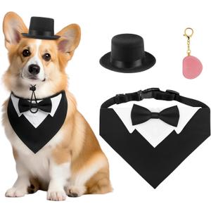 FunMular 3Pcs Formal Dog Tuxedo Accessories Set Adjustable Wedding Collar Bandana with Bow Tie Pet Top Hat for Large X-Large Dogs New Years Wedding Birthday Party
