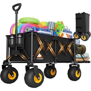 Heavy Duty Beach Wagon with Big Wheels for Sand, 10" Wheel Collapsible Wagons Foldable Large Wagon Cart Folding All Terrain for Camping (Black)