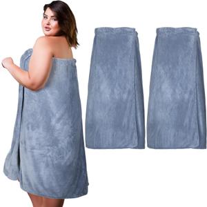 Tigeen 2 Pcs Women's Wrap Towel Spa Soft Robe Adjustable Closure Elastic Top Closure Bathrobe Lightweight Wraps for Shower (Large-X-Large, Blue)