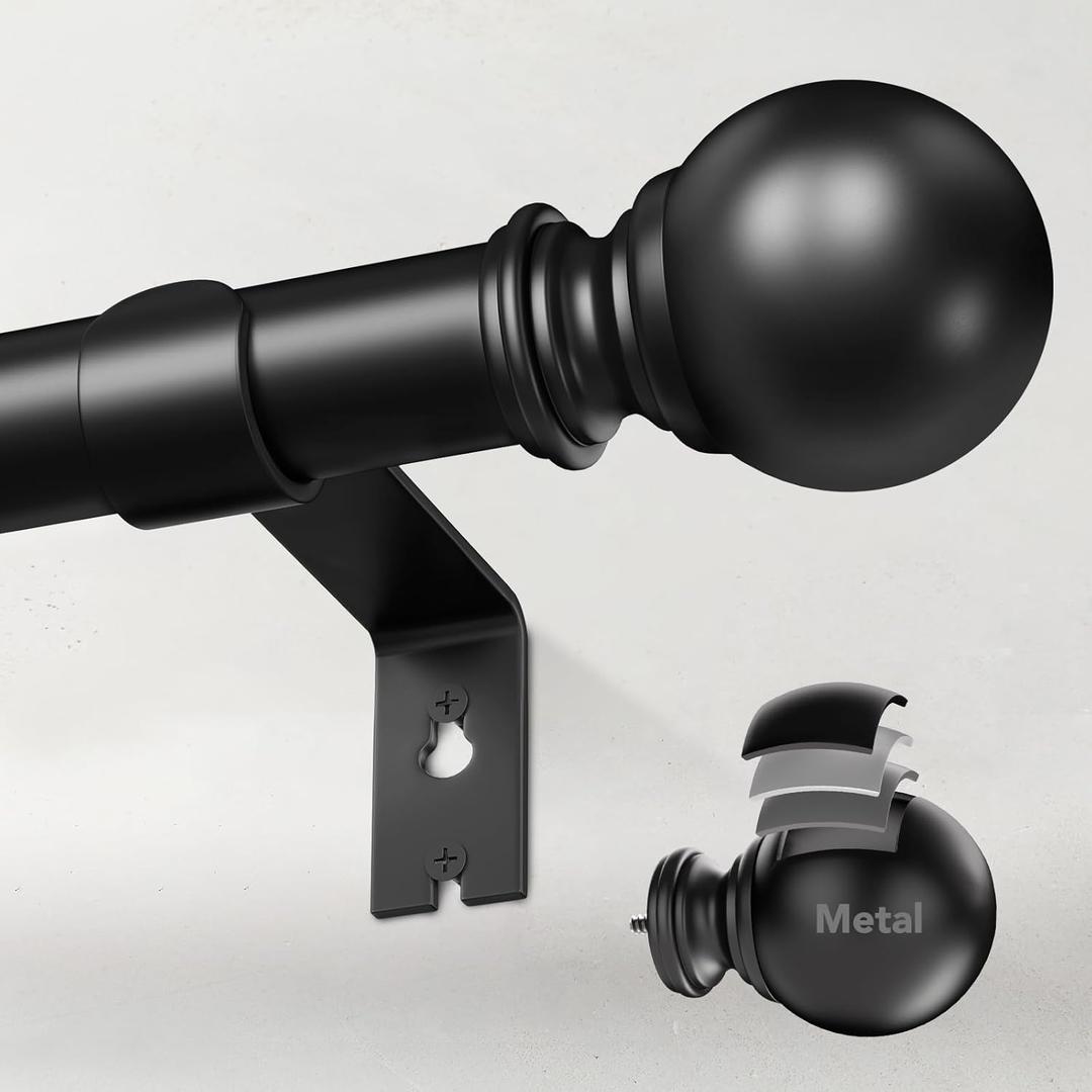 Heavy Duty Curtain Rods for Windows 32 to 90 Inch, 1 Inch Black Curtain Rods Adjustable and Easy Installation, Elegance Design Decorative Long Drapery Rod with Metal Finials (W9,Black,32-90")