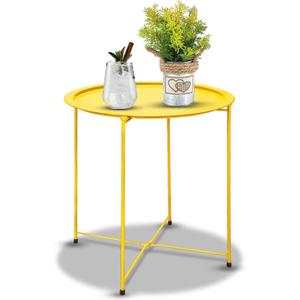 Garden 4 you Small Side Table, Round End Table, Outdoor Side Table with Metal Frame, Bedside Table for Living Room, Bedroom, Patio, Small Space, Yellow