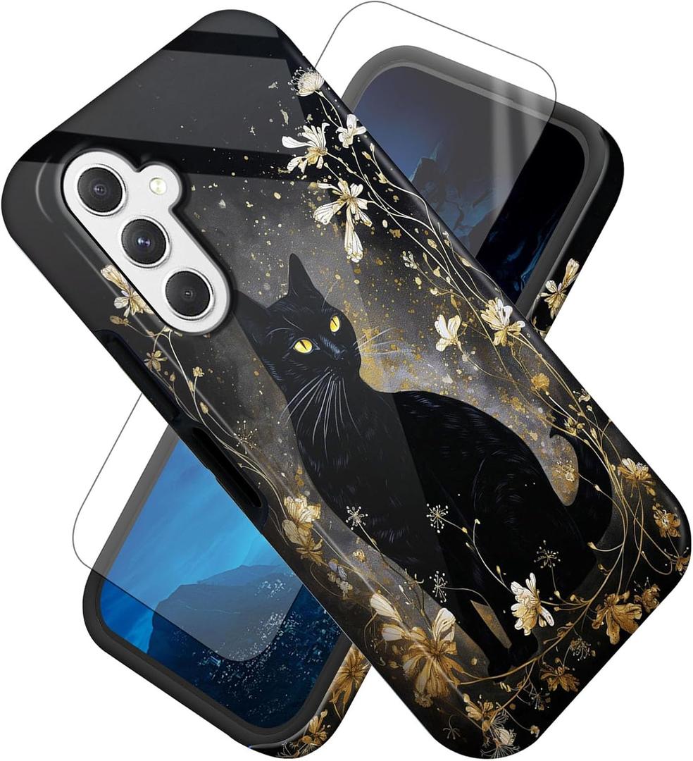 FUYOCWE for Samsung Galaxy A16 5G Phone Case,Black Cat with Gold Floral Cover,Compatible w/Magsafe,Screen Protector+Dual Layer Shell,Slim Hybrid Magnetic Soft Inner Hard Case for Galaxy A16 5G