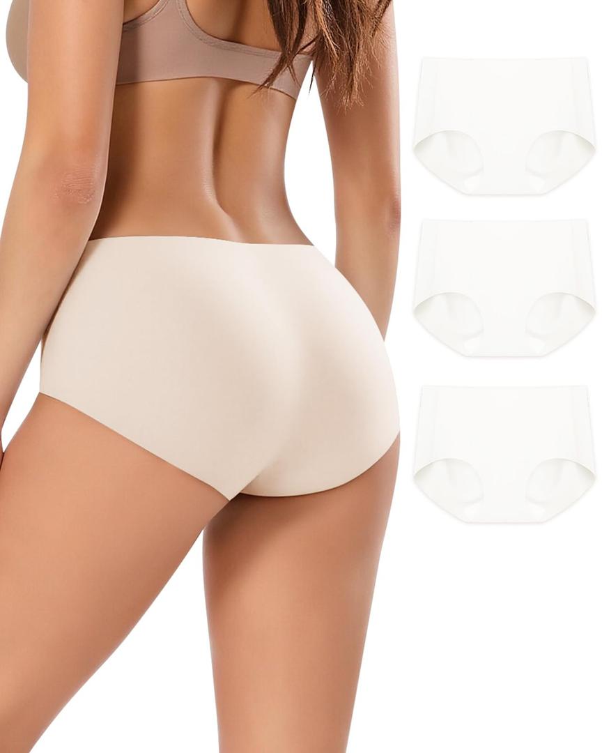 LIIJOO Women's Seamless Mid Waisted Briefs, Full Coverage No Show Panties with Soft Nylon Spandex, No Lines Underwear for LeggingsSea Salt Blue/Cream white/Blush Nude, L Size