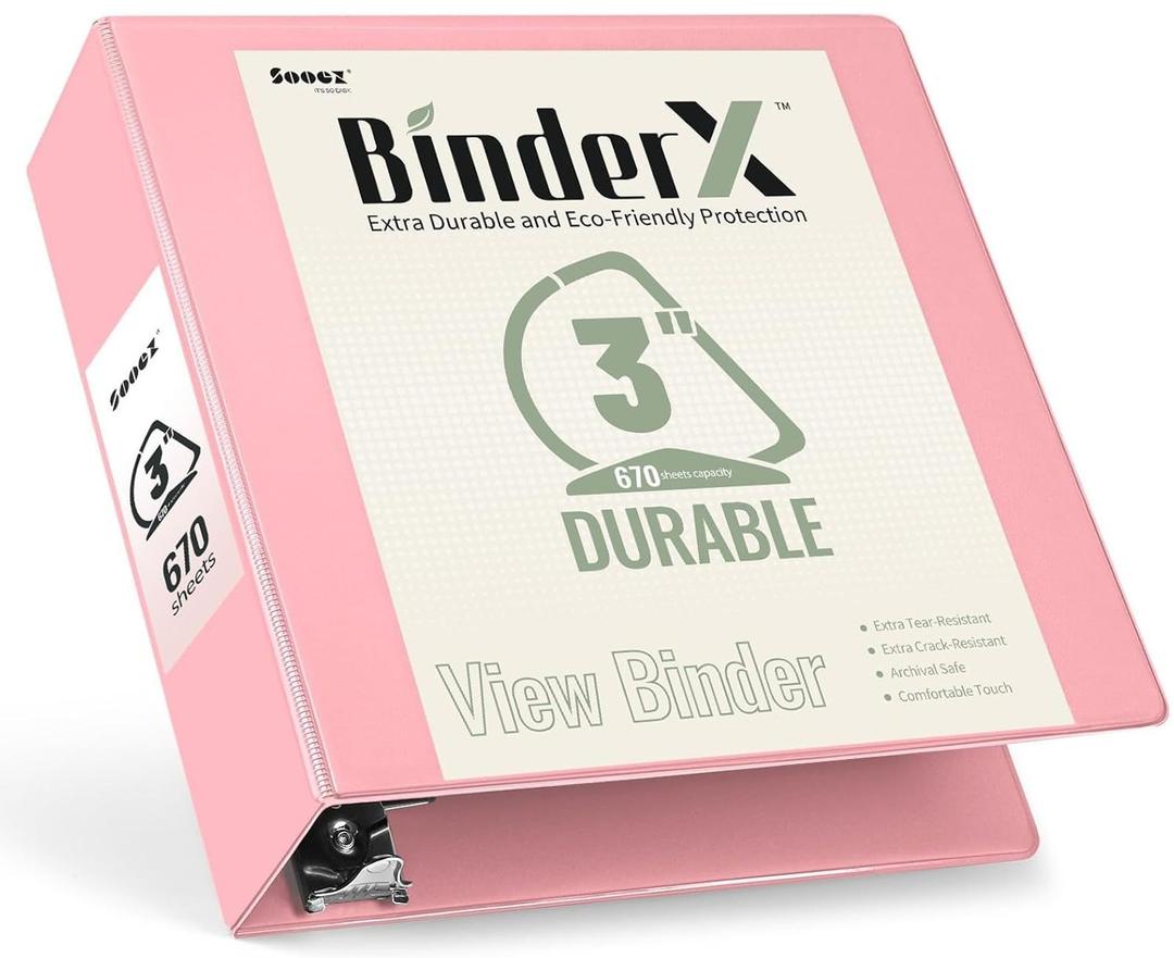 Sooez BinderX Extra Durable 3 Inch 3 Ring Binder, D-Ring Large Binder, Holds 670 Sheets of 8.5x11 Paper, Customizable View Cover with Inside Pocket, Heavy Duty 3 Ring Binder for School, Pink