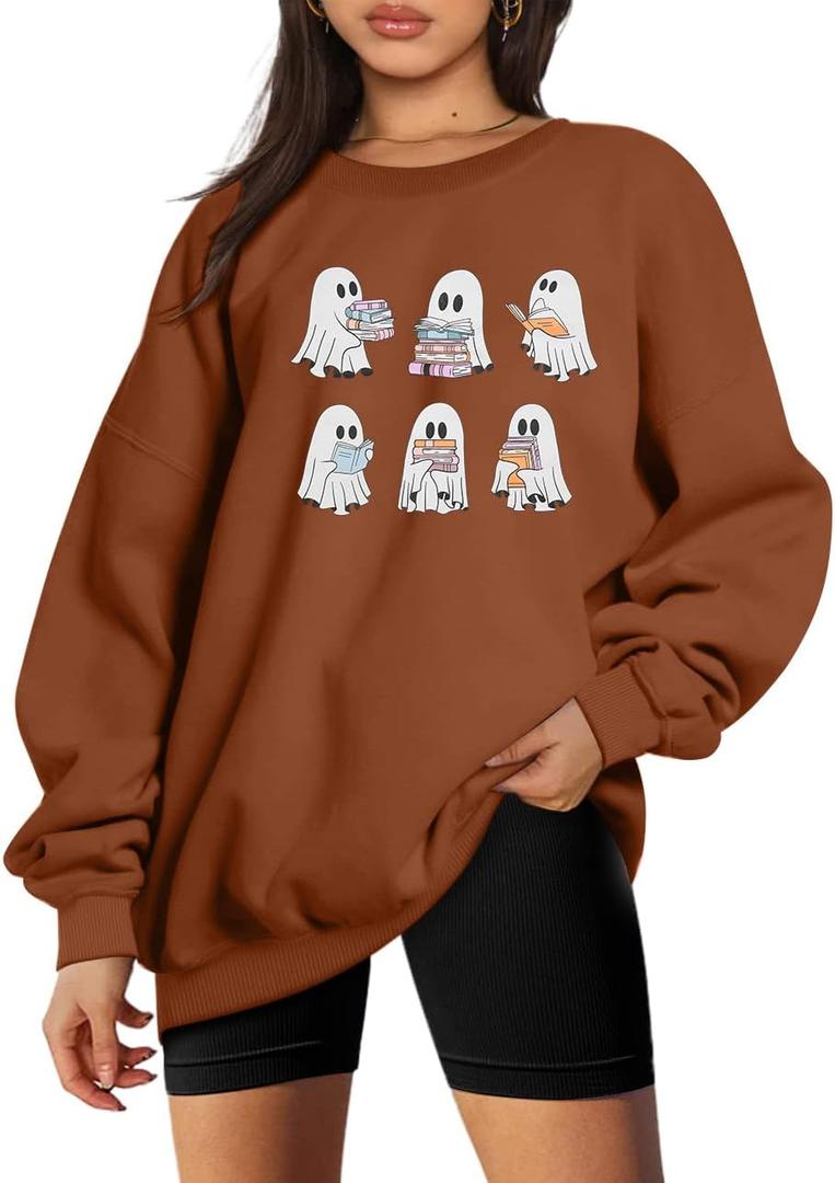 UNIQUEONE Halloween Sweatshirts for Women Ghost Reading Books Sweater Cute Spooky Bookish Shirt Fall Pullover Tops (Brown, XXL)