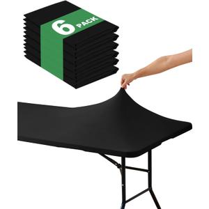 KeyWave Fitted Tablecloth Rectangle Table Cloths - 6 Pack 6 Foot Elastic Stretch Folding Table Top Cover Water-Resistant Reusable for Outdoor Picnic Camping Party Event, Black, 72" L x 30" W