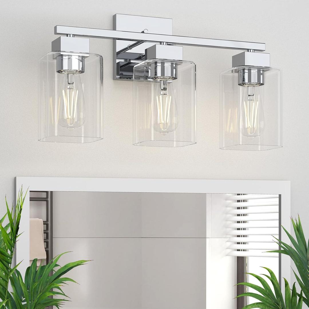 Espird Chrome Bathroom Vanity Light - 3 Light Bathroom Light Fixture Square Design & UL Certification, Bath Room Lighting Fixtures Over Mirror, Modern Vanity Lighting Fixture for Living Room