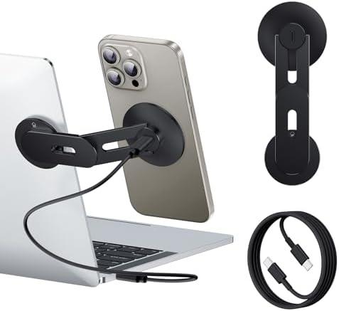 MAGDIGITEH Laptop Phone Holder, Magnetic Phone Stand 15W Fast Wireless Charger for MagSafe for iPhone 16/15/14/13/12 & All Phones for Tesla (Black)