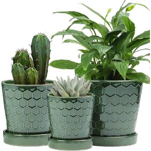 Ceramic Plant Pots,4+5+6 Inch Pots for Indoor Plants,Planters with Drainage Holes and Ceramic Tray, Indoor Flower Pots Gardening Home Desktop Office Windowsill Decoration Gift,Set of 3 (Patina)