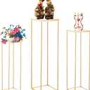 3PCS Cylinder Pedestal Stands for Parties, Square Gold Metal Plant Cylinder Stands for Party Flowers, Display Columns Pedestal Stand Cylinder Tables for Vases Birthday Party Decorations