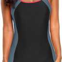 CharmLeaks Womens Boyleg Racerback One Piece Swimsuit Athletic Full Coverage Swimwear Lap Swimming Suit (Small, #3c Black/Grey/Red)