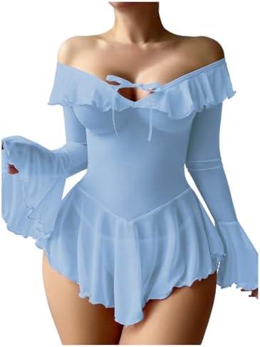 OYOANGLE Women's 2 Piece Off Shoulder Long Sleeve Ruffle Mesh Sheer Nightgowns with Thongs Babydoll Lingerie Set, Size Large