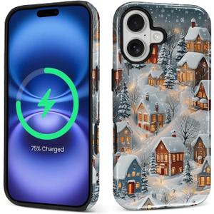 Case For iPhone 17, Compatible with MagSafe Hybrid Heavy Duty 2 In 1 Full Body Rugged Shockproof Protection Glossy Case Snowy Christmas Village House