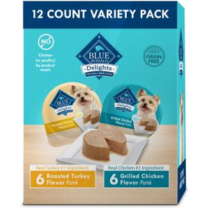 Blue Buffalo Delights Small Breed Natural Wet Dog Food Variety Pack, Roasted Turkey Pat and Grilled Chicken Pat, 3.5-oz Cups, 12 Count (EXP 05/22/27)