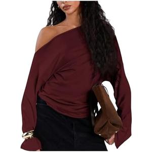 MakeMeChic Women's Off The Shoulder Sweatshirt Asymmetrical Tops Y2k Long Sleeve T Shirt Going Out Tops (S, Rose Red)