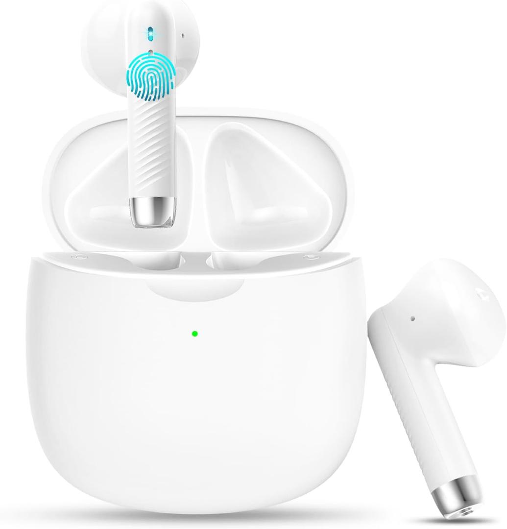 Wireless Earbuds, Bluetooth 5.4 Headphones In Ear with Noise Cancelling Mic, Bluetooth Earbuds Stereo Bass, IP7 Waterproof Sports Earphones, 32H Playtime USB C Charging White Ear Buds for Android iOS