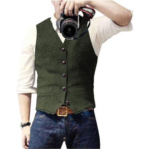 Ceehuteey Mens Suit Vest Waistcoat Tweed Retro V Neck Wool Herringbone for Prom (3X-Large, Army Green)