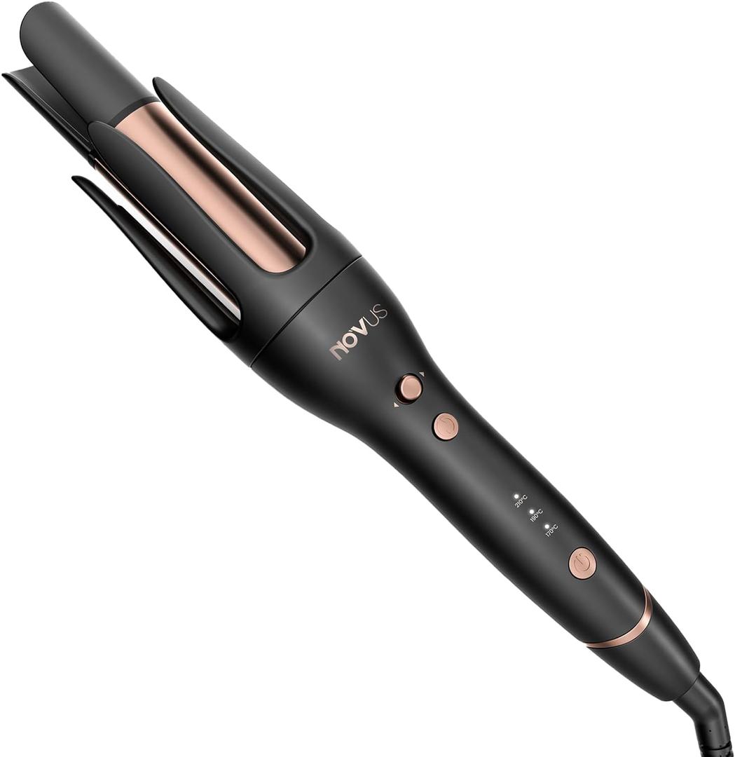 NOVUS Anti-Scald Automatic Ceramic Curling Iron, Rotating Wand, Auto Curling, 3 Temp Settings, 30Min Auto Shut Off, For All Hair Types (Black)