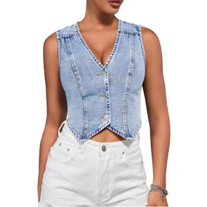 SHENHE Women's Denim Vest Button Down Sleeveless Jean Vest Top Y2K Cropped Denim Top Cowgirl Western Outfits (Medium, Blue)
