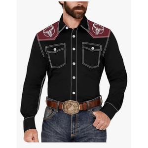 Men's Western Cowboy Shirt Long Sleeve Embroidered Casual Button Down Shirt L