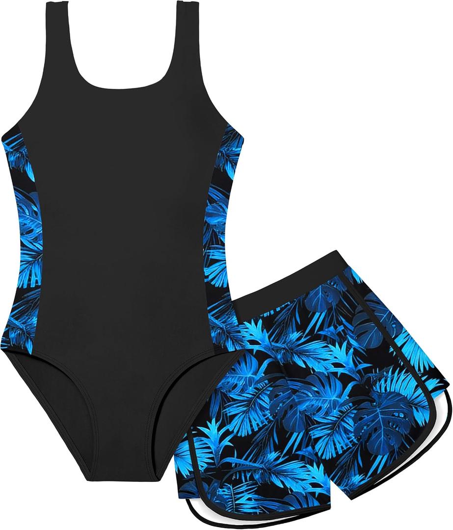 Girls Swimsuit One Piece Swimsuits Color Block Bathing Suit for Girls Adjustable Strap Padded Swimwear with Shorts, 11-12Y 