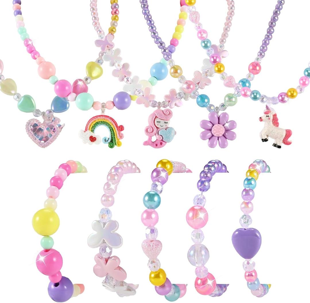 10pcs Kids Jewelry for Girls -5 Necklaces, 5 Bracelets, Little Girls Jewelry Kids Mermaid Necklace for girls, Toddler Jewelrys Necklace Birthday Christmas Gift Age 3 4 6 8