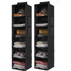 2 Packs Hanging Closet Organizer Storage, 6-Shelf Hanging Shelves for Closet, Closet Clothes Organizer and Storage with Side Pockets, Black