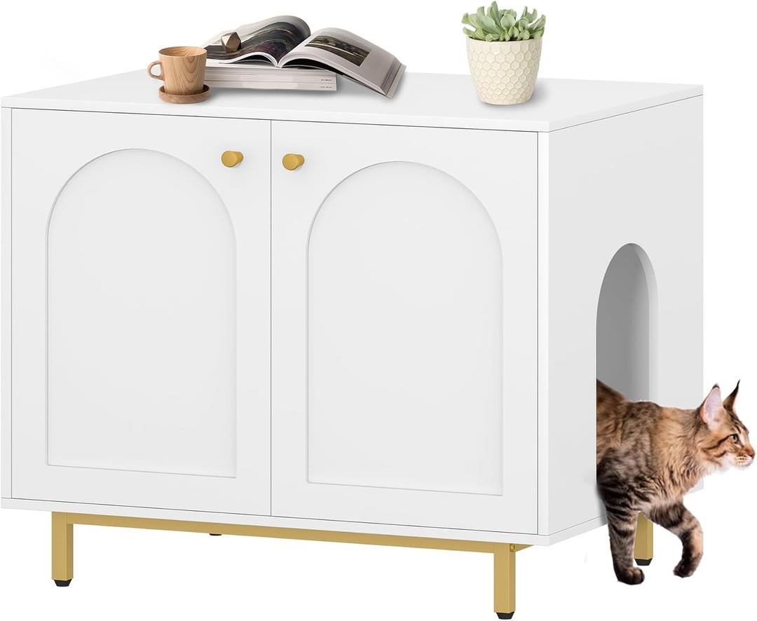Cat Litter Box Enclosure, Hidden Litter Box Furniture Cabinet, Wooden Indoor Cat House, Side End Table, Living Room, Bedroom, White and Gold CB85003G
