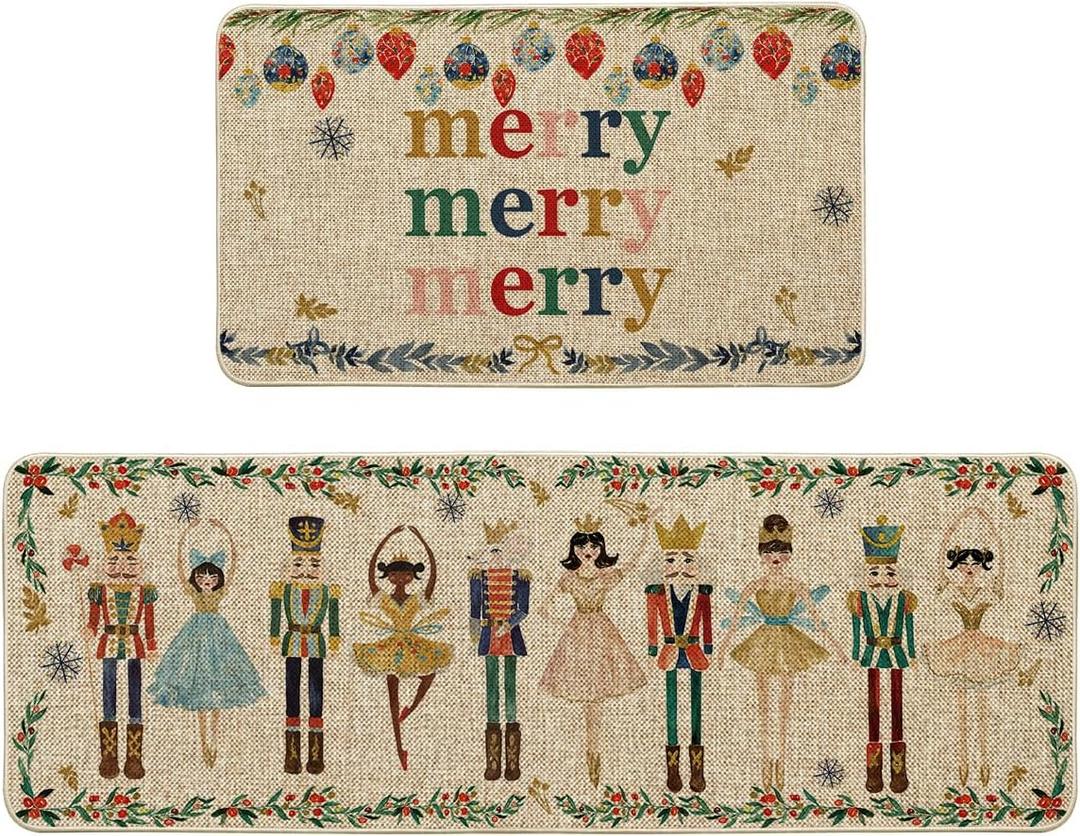 Artoid Mode Watercolor Nutcrackers Merry Christmas Decorative Kitchen Mats Set of 2, Home Party Low-Profile Kitchen Rugs - 17x29 and 17x47 Inch (Beige)