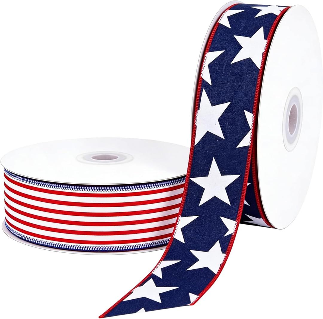 Songye 2 Rolls 20 Yards Patriotic Wired Ribbon, 2.5" Red White Blue Star & Stripe USA Ribbon for 4th of July Independence Day, Memorial Day, Veterans Day Wreath DIY Crafts Holiday Decor