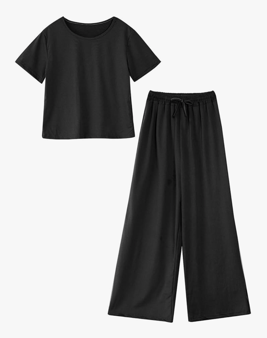 Women's Short Sleeve Top with Loose Fit Pants Yoga Pilates Workout Outfits Summer Solid Tracksuits  S-M