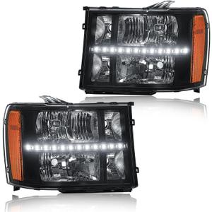 LED Headlight Assembly, Headlights Kit Compatible with 2007-2013 GMC Sierra 1500/2007-2014 Sierra 2500HD/2007-2014 Sierra 3500HD Headlamp Black Housing Amber Reflector