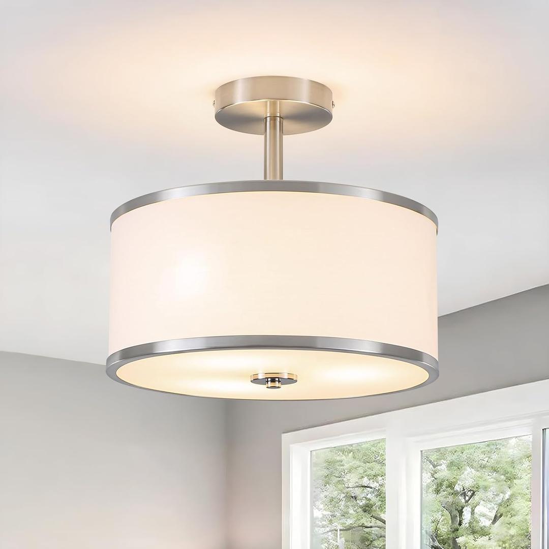 BUXVRCS Semi Flush Mount Ceiling Light Fixture, 3-Light Drum Lighting Fixtures, Hallway Light Fixture Ceiling Mount with Fabric Shade, Close to Ceiling Light for Bedroom Bathroom (Brushed Nickel)