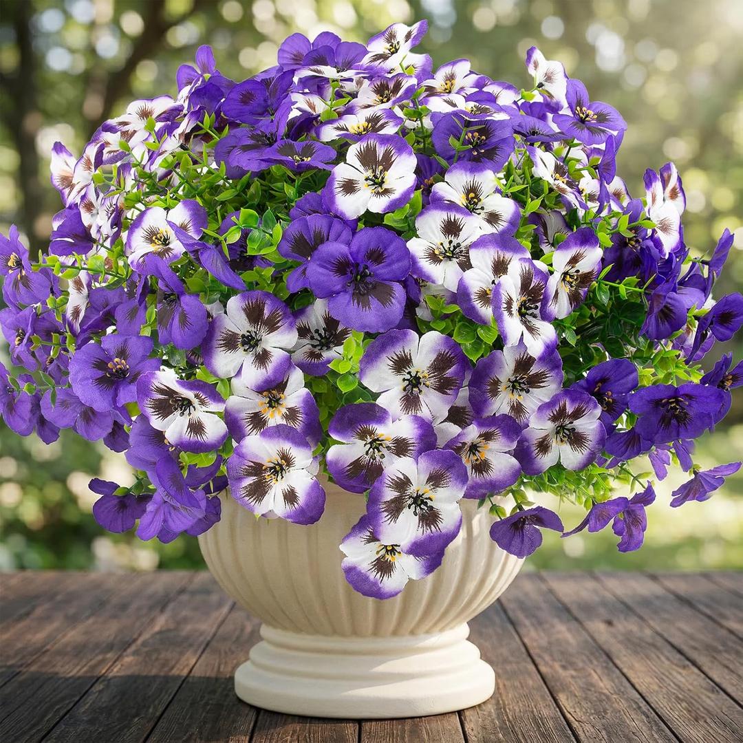 Rowfad 36 Pcs Artificial Fake Pansy Flowers for Outdoor, Faux UV Resistant Silk Pansies Flowers for Outside Planter Front Door Porch Yard Patio Window Box Home Decor (36, Lavender)