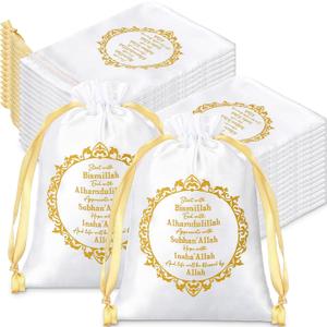 SATINIOR 36 Pcs Eid Ramadan Mubarak Satin Gift Bags 5 x 7 Inch Drawstring Eid Party Favor Silk Bags Mubarak Jewelry Pouch for Islamic Ramadan Gift Supplies Candy Bag Muslim Party Decoration