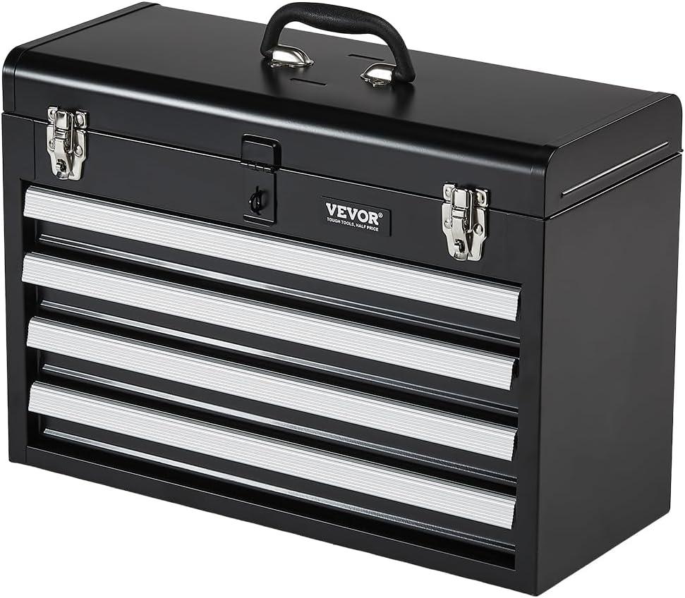 VEVOR Metal Tool Box, 20.5-inch, Portable Metal Tool Box with 4 Drawers, Small Tool Chest with EVA Liners, Ball Bearing Slide Drawers Locking & Powder Coated Finish, Multi-Function Tool Organizer