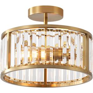 Brass Gold Flush Mount Ceiling Light, 2- Light Caged Crystal Chandelier, Small Drum Hallway Light fixtures Ceiling Mount (Brass Gold)