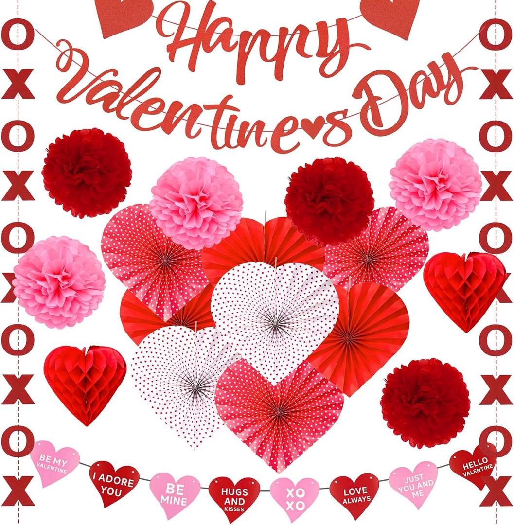 Meiduo 20Pcs Valentines Day Decorations Set - Happy Valentines Day Banner, Large Heart Paper Fans, XO Hanging Garlands, Red Pink Pom Poms & Honeycomb for Home Office Classroom Party Supplies