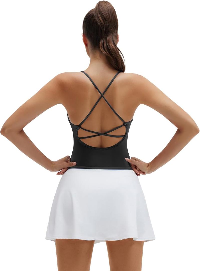 SUUKSESS V Neck Padded Longline Sports Bras Workout Open Back Tank Tops (Small, Black)