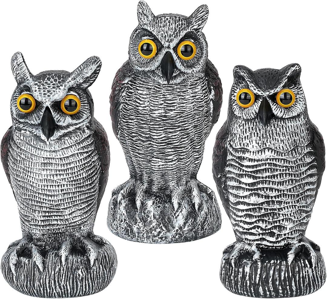 3-Pack Owl Decoys for Bird Deterrent - Weatherproof Bird Repellent Devices for Outdoor Use - Plastic Owls to Scare Birds Away and Control Garden Pests