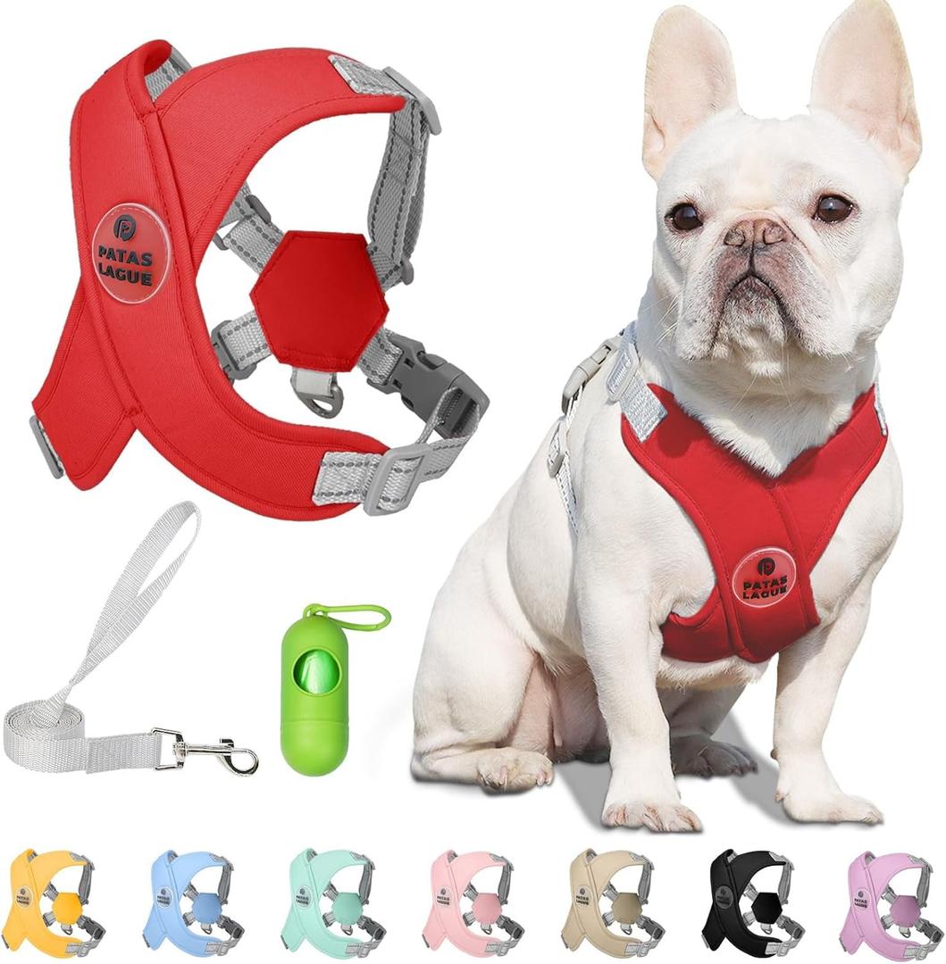 Patas Lague Dog Harness with Leash Set Adjustable Soft Padded Step-in Dog Vest No Choke No Pull Reflective for Small Medium Pets with Poop Bags and Dispenser, Solid and No-chew, Red M (M (Neck 19.3-23.3'' Chest 22.5-25.6''))